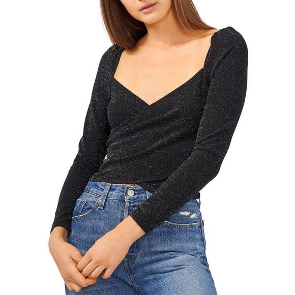 1.State Cropped Textured Wrap Top Black Glitter Shimmer- Size Small - Picture 1 of 8